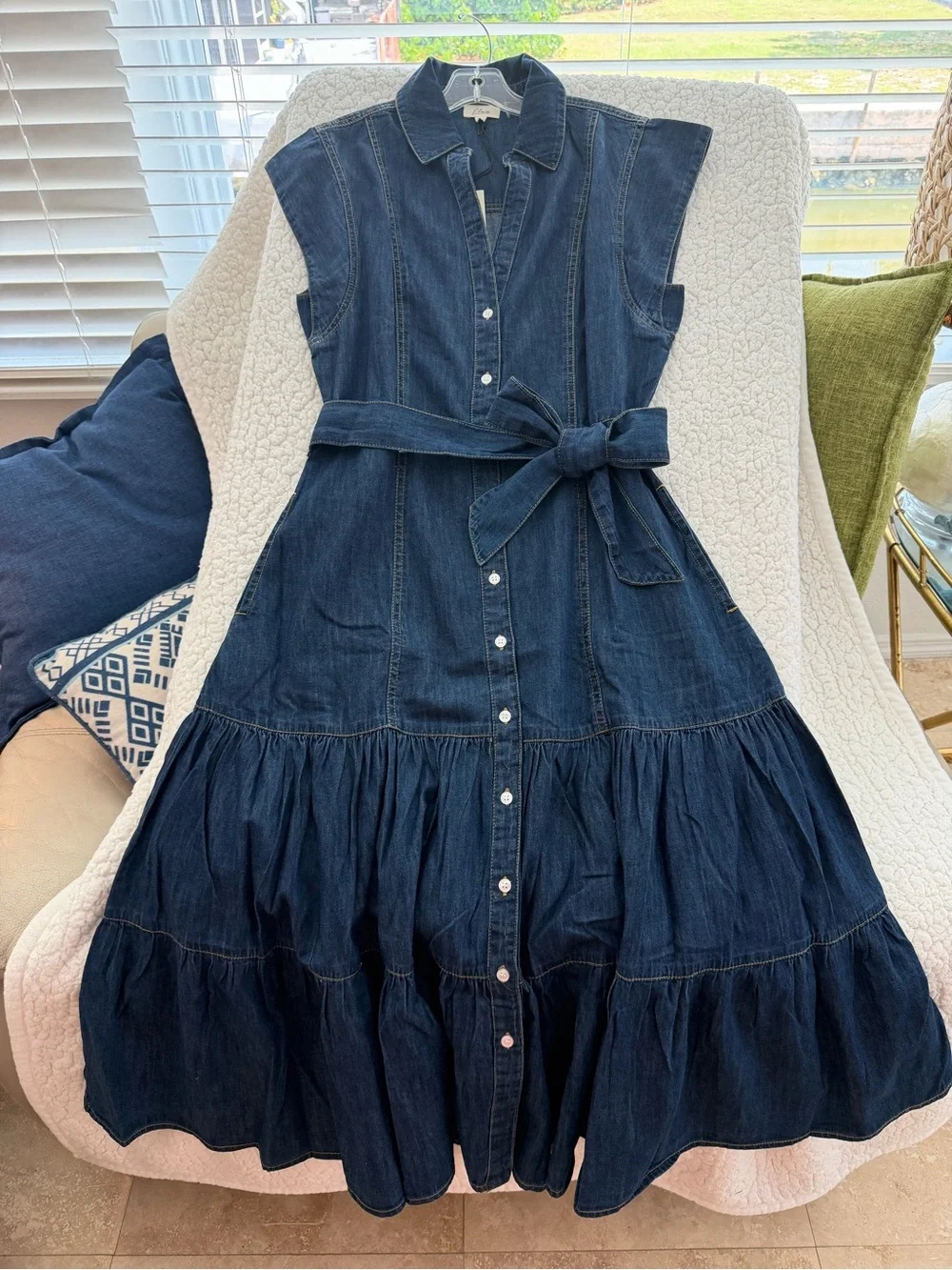 Elan Indigo Denim Tiered Maxi Skirt with Self-Tie Waist - Picture 4 of 9